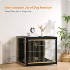 DWANTON Dog Crate Furniture with Cushion, Wooden Kennel Table with Double Doors, Indoor Dog House, Large Size, 38.5" L, Black+Gold