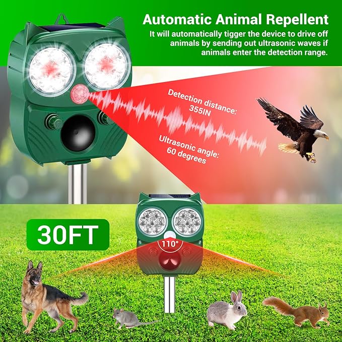 Solar Animal Repellent for Outdoor, Ultrasonic Pest Repeller with LED Strobe Light, Cat Repellent IP66 Waterproof, Effective Deterrent for Dogs, Deer, Raccoons, Skunks, Squirrels in Yard, Garden