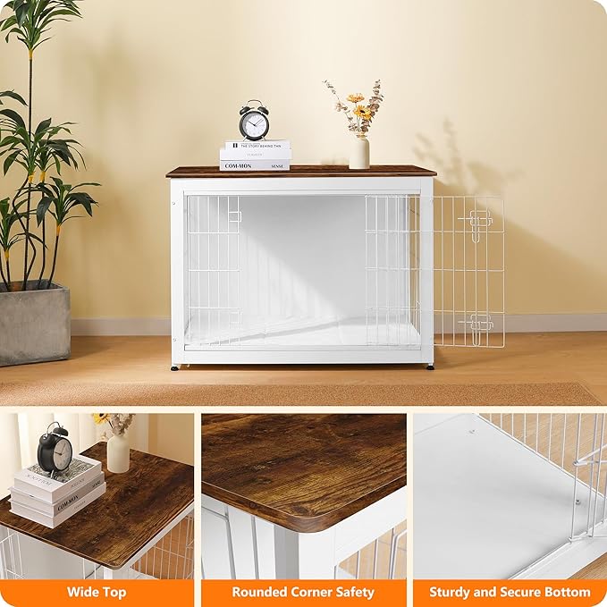 DWANTON Dog Crate Furniture with Cushion, Wooden Kennel Table with Double Doors, Indoor Dog House, Large Size, 38.5" L, White+Rustic Brown
