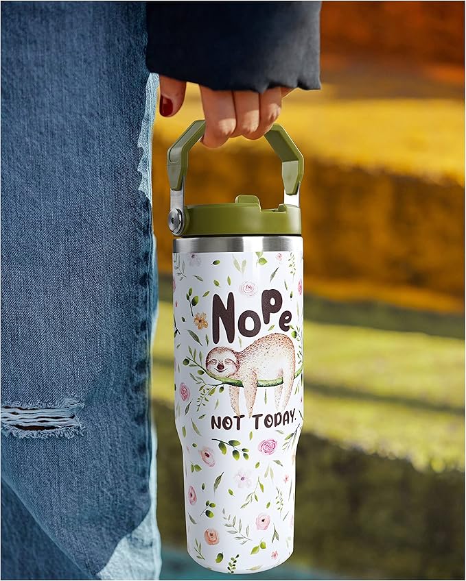 30oz Sloth Tumbler with Handle and Straw, Stainless Steel Vacuum Insulated Coffee Tumbler, Travel Mug Water Bottle, Sloth Stuff Accessories Decor, Sloth Gifts for Women & Men