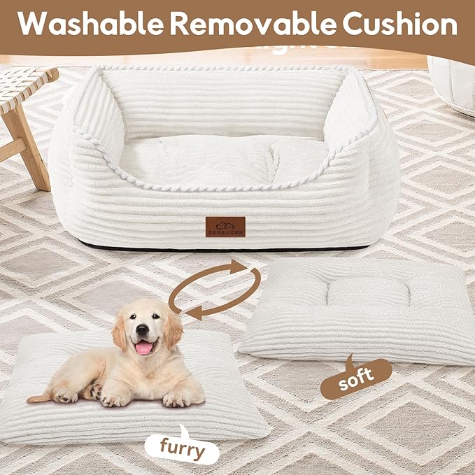 Rectangle Dog Bed for Large Medium Pets Indoor Outdoor with Removable Mat,Machine Washable Sleeping Sofa Non-Slip Bottom Soft Puppy Bed Durable Orthopedic Calming Pet Cuddler(Medium, Cream)