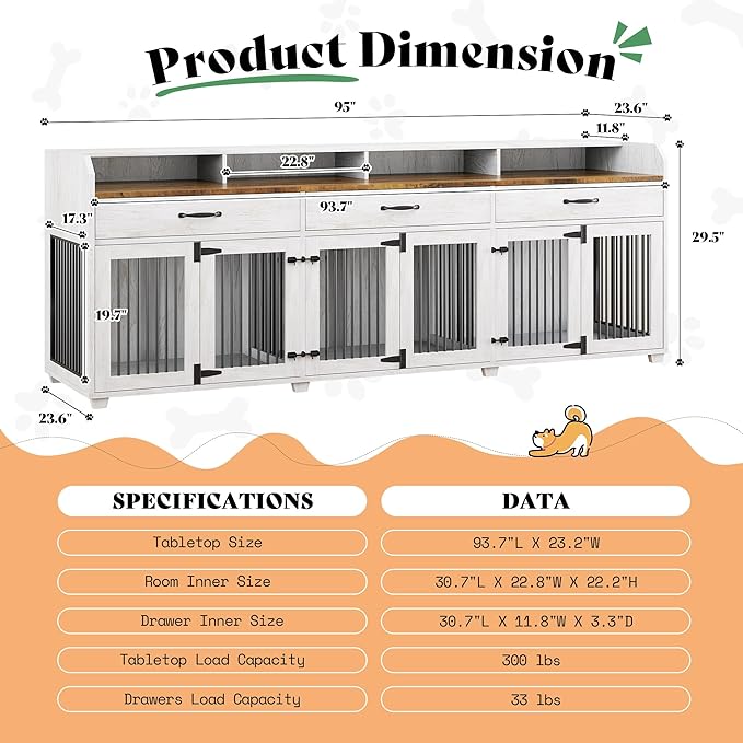 AMERLIFE 95" Large Dog Crate Furniture with Storage, 3-Room Indoor Wooden Dog Kennel for Large/Medium Dogs, TV Stand & Sideboard with Drawers & Removable Divider, White+Barnwood