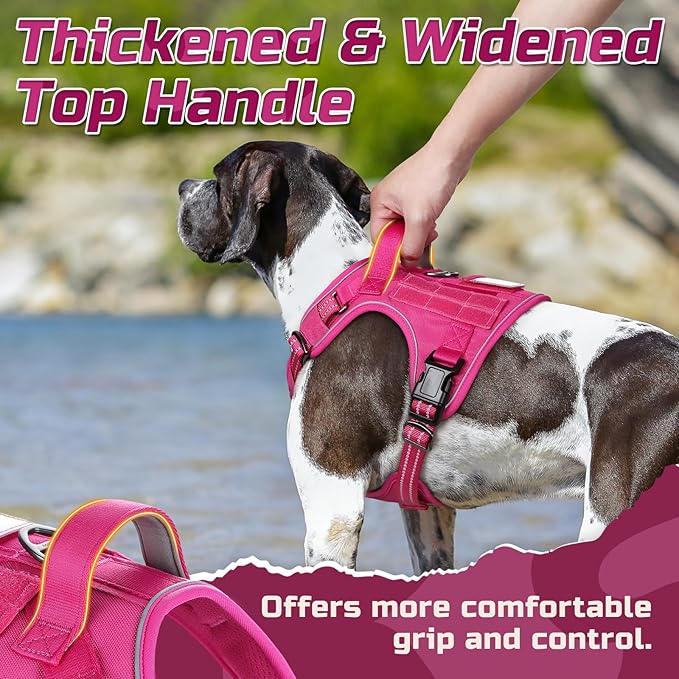 rabbitgoo Tactical Dog Harness for Large Dogs, No Pull Military Service Vest with Handle & Molle, Easy Control for Training Walking, Adjustable Reflective Straps, Rose Red, XL