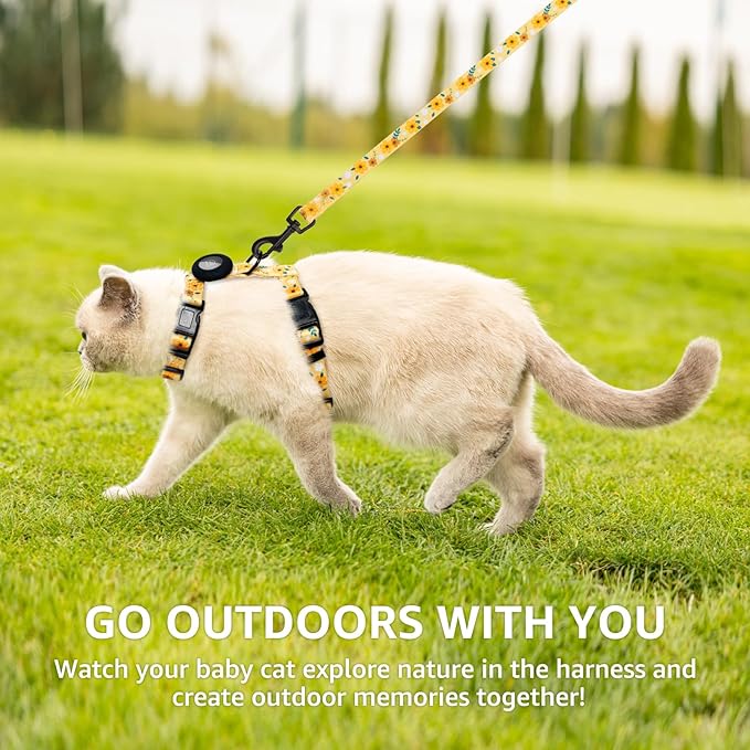 SCENEREAL Adjustable Cat Harness and Leash Set with AirTag Holder, Escape-Proof Design for Small to Large Cats, Lightweight Soft Travel Harness, Yellow Floral