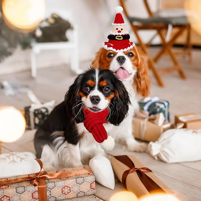 2 Pcs Cat Christmas Costume Cat Santa Hats with Scarf Pet Hat Scarf Set Pet Christmas Outfit Party Costume Supplies for Cats Small Dogs Puppy Accessories(Red,Santa Claus Style)