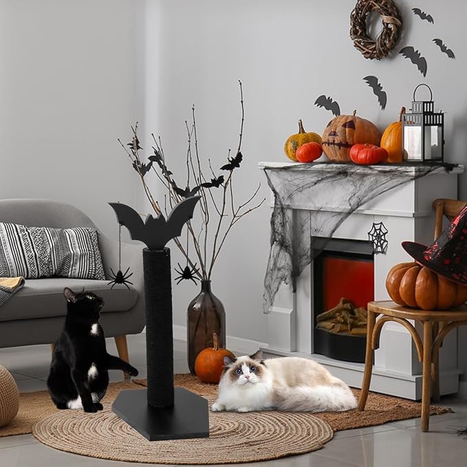 ROYALAY Gothic Cat Scratching Post with 2 Spiders Dangling Toys, Halloween Kitten Furniture for Cats Stuff, Black Halloween Cat Scratcher, Demon Styled Cat Tree for Halloween Decor