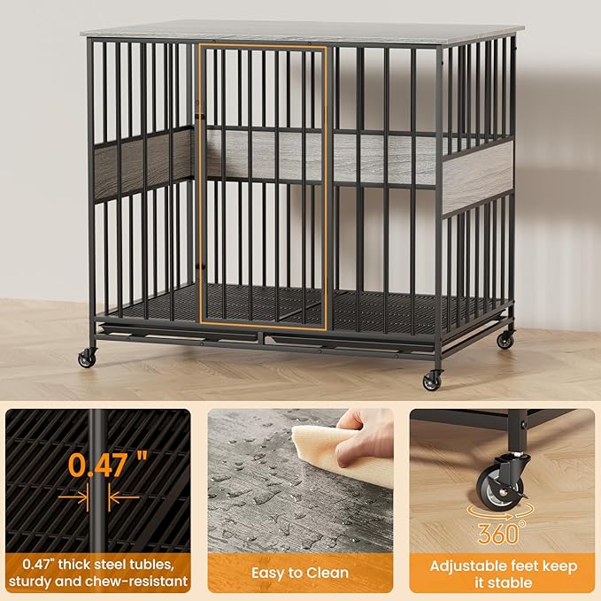 Dog Crate Furniture for Extra Large Dogs, 47 Inch Indoor Kennel, Wooden Pet Cage Decorative Corner End Table with Caster Wheels & Double Removable Tray, Greige