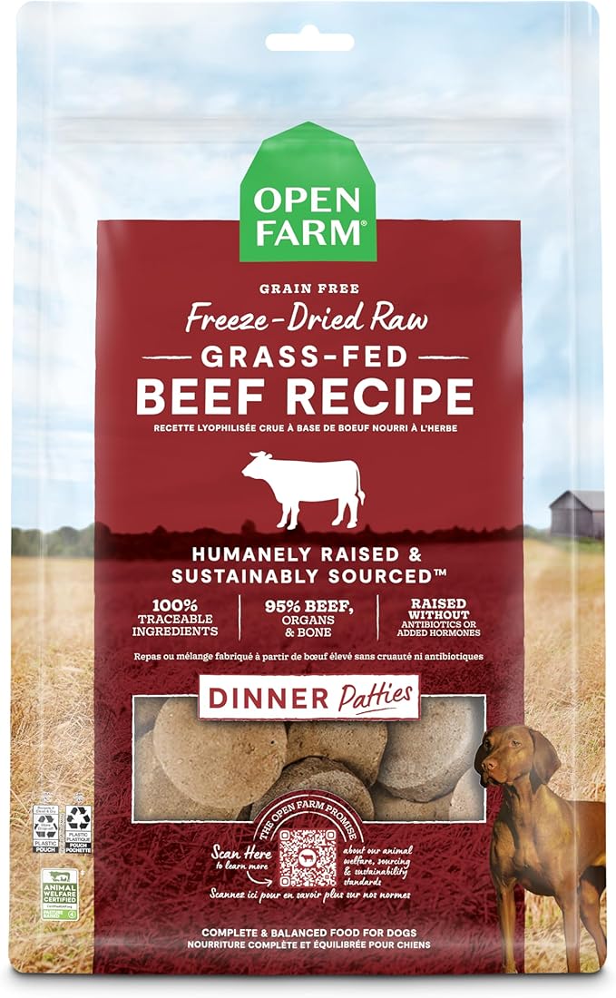Open Farm, Freeze Dried Raw Dog Food, Patties with 95% Meat, Organs & Bone, Complete Meal or Freeze Dried Dog Food Mixer, Grass-Fed Beef Recipe, 10.5oz Bag