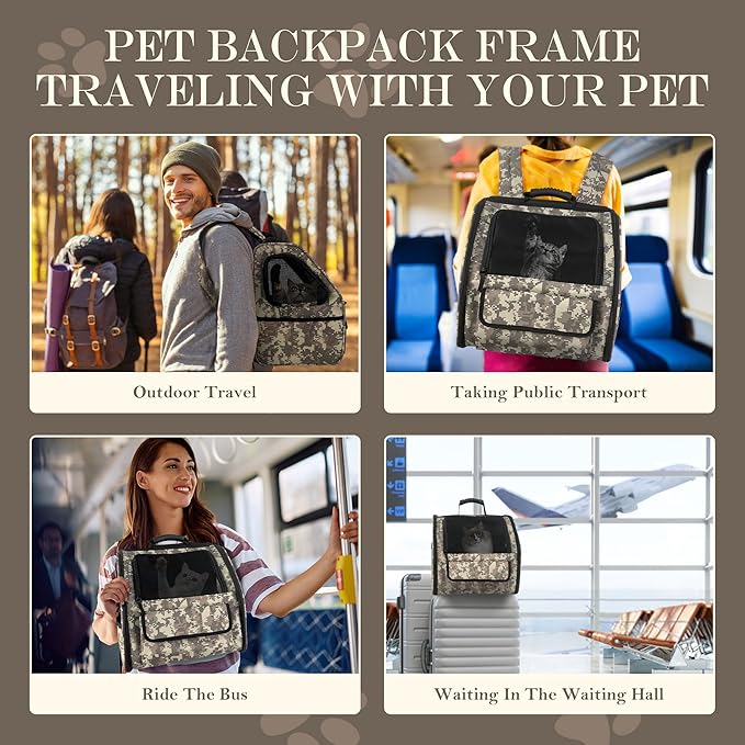 Camouflage Foldable Cat Backpack Carrier, Airline-Friendly, Cat Hiking Backpack Ventilated for Travel, Safety Tether Clip, 600D Oxford Fabric (Small Dogs/Cats)