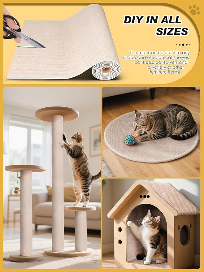 78.7"x15.8" Cat Scratch Mat, Trimmable Self-Adhesive Carpet, DIY Climb Cat Scratcher for Furniture Couch or Wall Protector, Covering Cat Scratching Post Replacement Pads (Beige)