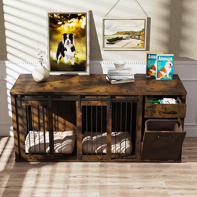 Large Dog Crate Furniture Large Breed,71 Inch Wooden Dog Crate with Tilt Out Trash Cabinet,Drawers,Divider and Sliding Barn Door, Double Doors Dogs Crate for 2 Dogs (Modern Walnut)