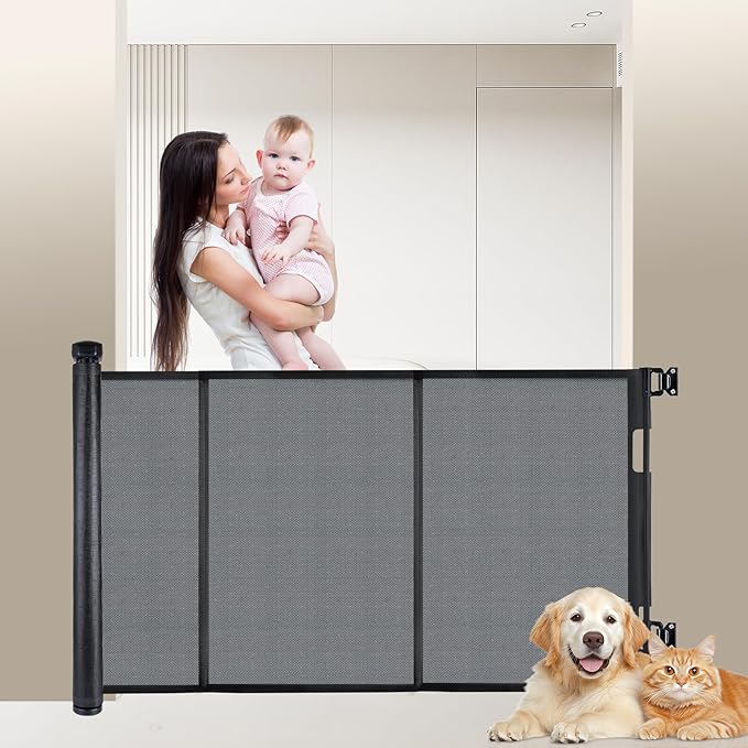 200″ Extra Wide Retractable Baby Gate – 41.5″ Tall Mesh Safety Gate for Oversized Openings, Living Rooms, Patios – Child & Pet Barrier for Indoor Outdoor Use, Black