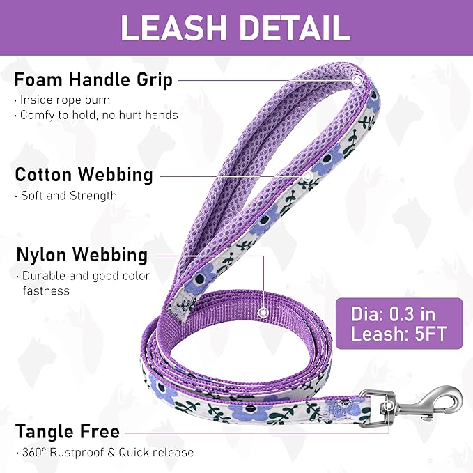 GAMUDA Small Dog Harness Collar and Leash Set, Step in No Chock No Pull Soft Mesh Adjustable Dog Vest Harnesses Plaid Reflective for Dogs Puppy Cats Kitten Rabbit (Purple Flower, XXXS)
