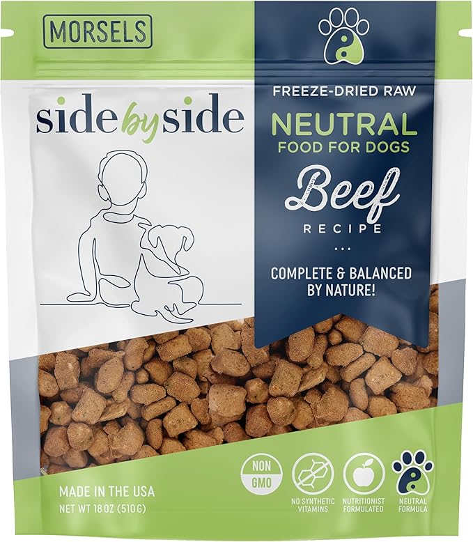 Side by Side Beef Morsels, Neutral Dog Food for All Breeds, Freeze-Dried Raw Superfood, Made of Whole Foods, Complete & Balanced Meal or Topper for Dogs, Non-GMO, No Artificial Additives, 18 oz