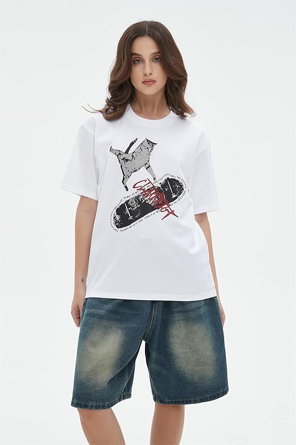 Y2k Graphic Unisex Tees Rock Guitar Cat T-Shirt Short Sleeve Oversized Tee Vintage Retro Grunge Streetwear Shirts