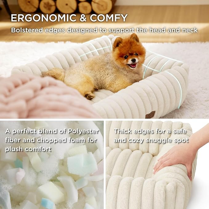 Bedsure Cute Dog Bed for Small Medium Dogs - Washable Furry Puppy Beds, Rectangle Orthopedic Corduroy Fleece Pet Beds with Removable Zipper Cover, 25x21x7inches, Cream