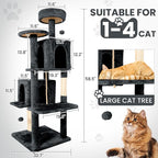 58.5inch Large Cat Tree Tower Condo for Indoor Cats, Soft Plush Multi-Level Climbing Tree Cat House, Scratching Post, More Entrance/Exit, Sisal Rope, Black Grey
