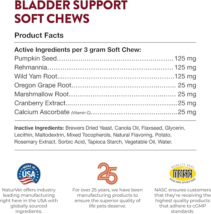 NaturVet Bladder Support Plus Cranberry for Dogs, 60 ct Soft Chews, Made in The USA with Globally Source Ingredients
