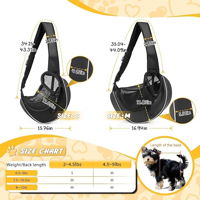 Upgraded Breathable Mesh Dog Sling Carrier for Small Dogs & Cats Up to 10 lbs- Detachable Hard Bottom, Adjustable Strap & Large Pocket - Hands-Free Pet Carrier for Travel Walking Hiking (Black Size S)