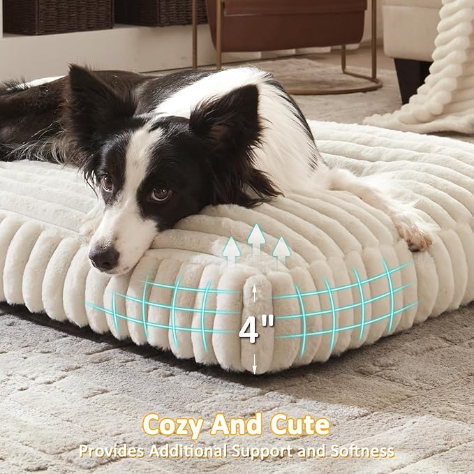 XL Dog Bed, Flat Pet Beds with Removable Washable Cover, Pet Mat Cute Dog Crate Bed Thick Shredded Chopped Crate Foam & Anti Slip Bottom for Indoor, 42"x27"x4" Cream