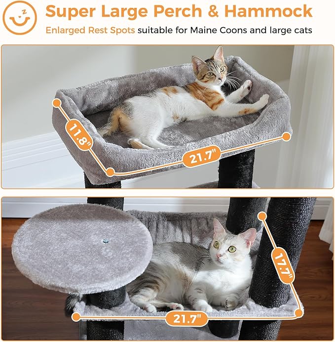 PETEPELA Cat Tree for Large Cats up to 30 lbs, 58" Heavy Duty Cat Tower with Reinforced Scratching Posts[ φ3.1”], Large Hammock, Spacious Condo & Top Perch, Sturdy Cat Furniture for Maine Coons, Black