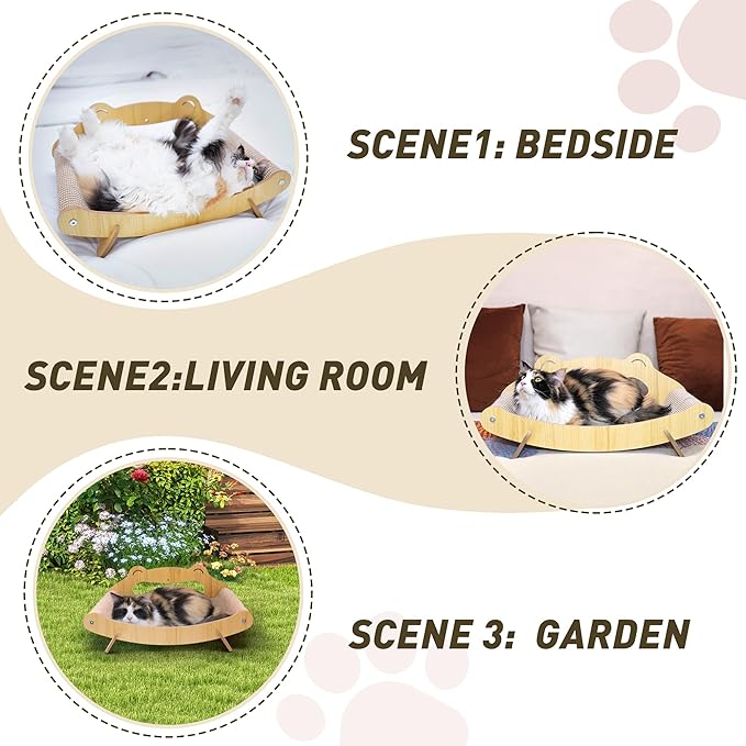 Sisal Cat Scratcher Lounger Bed for Large Indoor Cats – Wooden Cat Scratch Pad, Durable Recliner Chair, Stylish Scratching Couch, 2-in-1 Scratcher & Lounger with Hammock (Large)