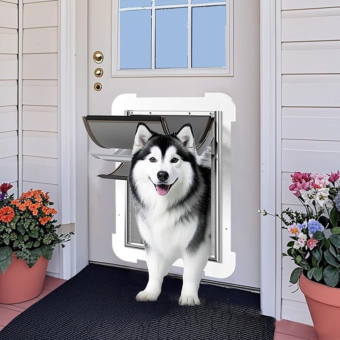 3-Flaps Never Rust Extra Large Dog Door for Door with Sliding Lock Panel, Steel Frame and Telescoping Tunnel, Extreme Weather Durable XL Dog Doors for Door (Pets Up to 220 Lbs)