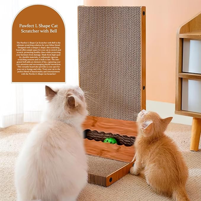 Pawfect L Shape Cat Scratcher with Bell 23.6 Inch Scratching Board with Box Cat Scratching Cardboard with Bell Ball Toy for Indoor Cats