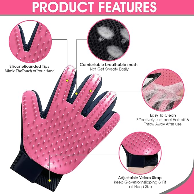 Upgrade Pet Grooming Gloves, Grooming Gloves for Dogs, Cats, Rabbits & Horses with Long and Short Hair, Efficient Pets Hair Remover Mittens - 1 Pair (Pink)