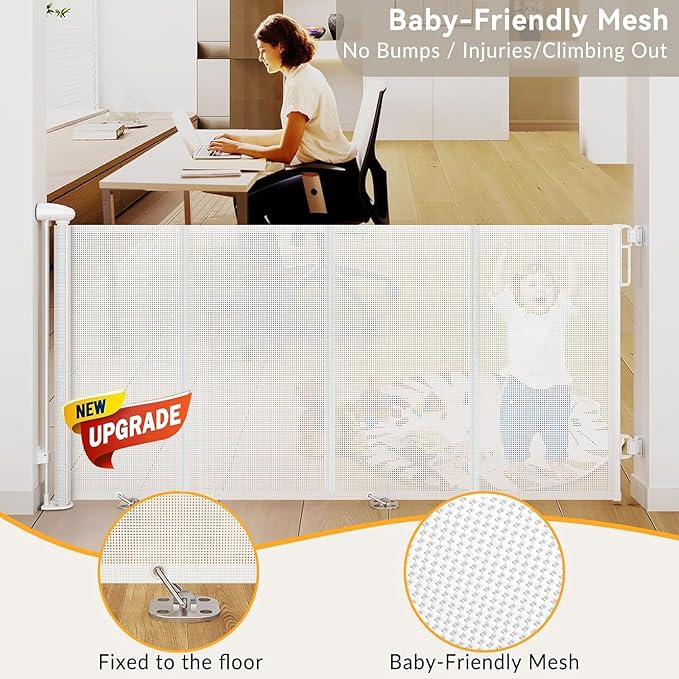 200 Inch Reinforced Retractable Baby Gates Extra Wide, Uamector Mesh Baby Gate or Dog Gate,Toddler Pet Retractable Gate Adjustable Length for Large Openings Stairs Doorways Hallway Indoor Outdoor