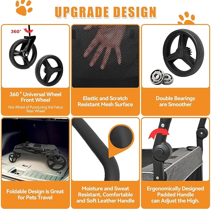 KIKII Extra Large Dog Stroller for Large & Medium Dogs, Adjustable Handlebar and Brakes, 4 Wheels, Reflective, Lightweight Folding, Breathable Mesh, 132 lbs Capacity, for Travel Walking Outdoor