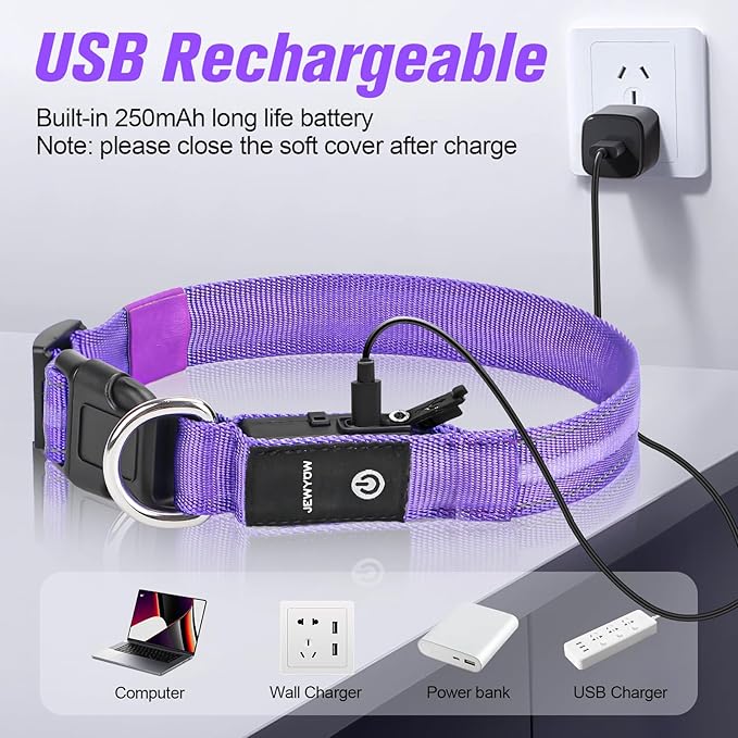 LED Dog Collar, Light Up Dog Collar, USB Rechargeable - Brightest Dog Lights for Night Walking, 6 Light Modes, Adjustable for Dog Safety(Small, Purple)