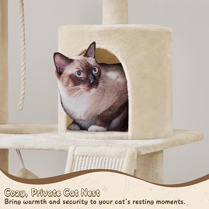 Yaheetech 63.5in Extra Large Cat Tree Condo with Sisal-Covered Scratching Post Plush Perch Hammock, Cat Tower Activity Center Kitten Furniture Play House