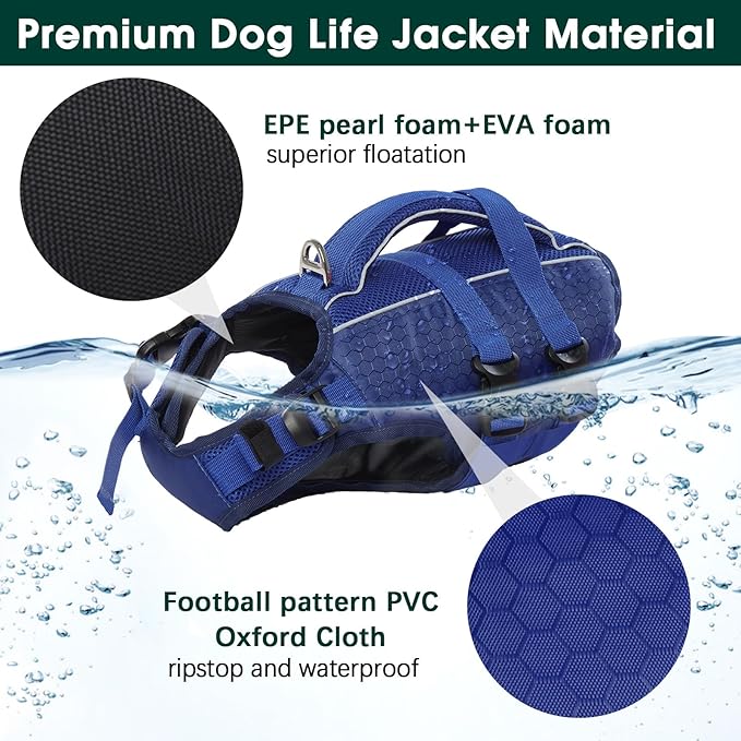 Kuoser Dog Life Jacket High Flotation, Reflective Dogs Life Vest for Swimming Boating, Adjustable Small Medium Large Dog lifejacket, Lightweight Dogs Life Preserver Rescue Handle Spring Summer Pool