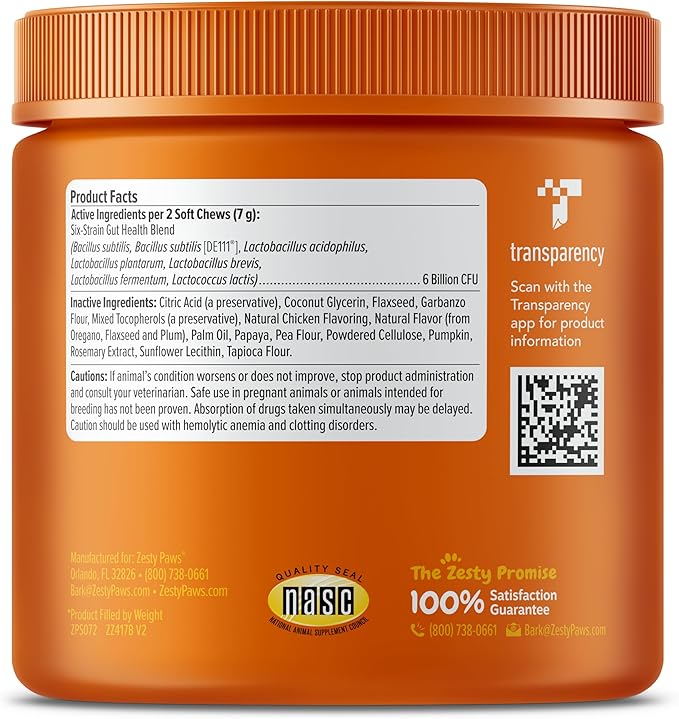 Zesty Paws Probiotics for Dogs, Digestive Enzymes Gut Flora, Digestive Health, Diarrhea & Bowel Support, DE111, Dog Probiotics Soft Chew for Pet Immune System, Chicken, 90 Ct