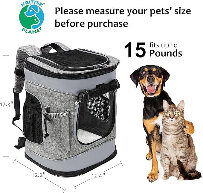 Kritter Planet Pet Carrier Backpack for Cats Dogs, Breathable Pet Backpack with 4 Mesh Window, Portable Pet Carrier for Camping