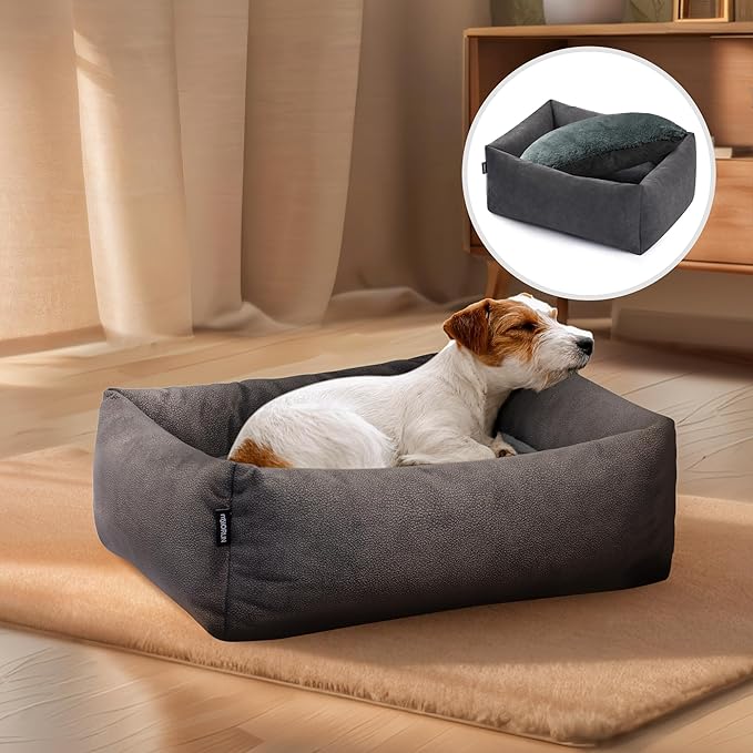 Durable Rectangle Pet Bed for Medium Dogs and Cats, 30" Waterproof Puppy Couch with Non-Slip Base, Washable Calming Sofa with Plush Cushion for Comfortable Indoor Use (Gray, M)