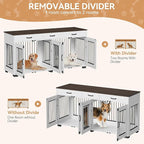 71'' Double Dog Crate Furniture, Large Dog Kennel Indoor with 3 Storage Drawers and Removable Divider for 2 Dogs, Heavy Duty Decorative Dog House TV Stand Side Table for Medium Large Dogs, White