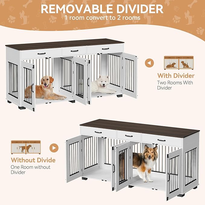 71'' Double Dog Crate Furniture, Large Dog Kennel Indoor with 3 Storage Drawers and Removable Divider for 2 Dogs, Heavy Duty Decorative Dog House TV Stand Side Table for Medium Large Dogs, White