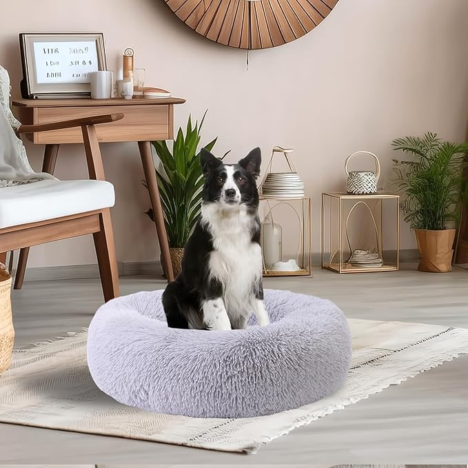 Calming Dog Bed, Dog Beds Fits up to 80 lbs Pets, Fluffy Donut Dog & Cat Bed Washable, Round Anti Anxiety Dog Bed, Small Dog Bed with Non-Slip Bottom (Light Grey, 36" x 36")