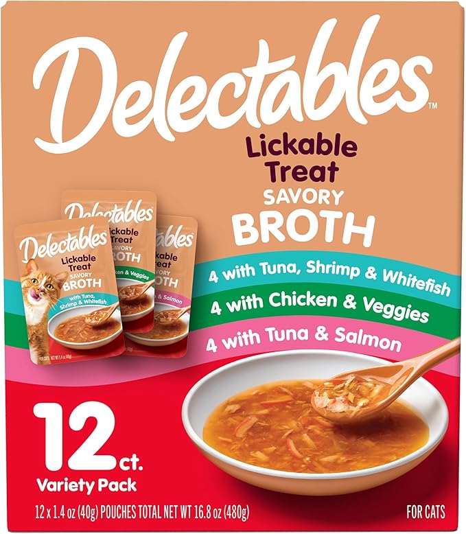 Hartz Delectables Savory Broths Lickable Wet Cat Treat Variety Pack, 12Count(Pack of 1)