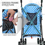 MoNiBloom 4 Wheels Pet Stroller, Easy-Fold Umbrella Shaped Dog Cat Jogger Stroller w/Storage Bag & Visible Mesh for Small/Medium Dogs Cats Sky Blue Polka Dots