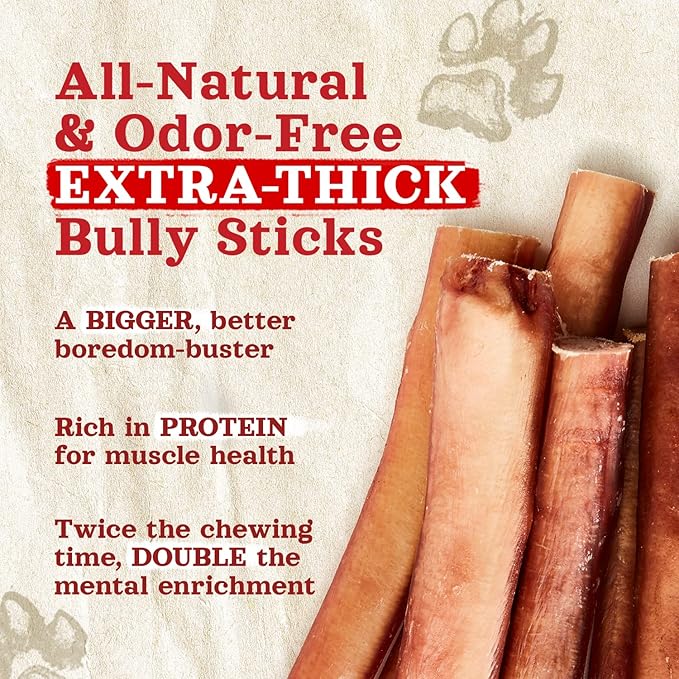 Natural Farm Odor-Free Thick Bully Sticks (6”, 5-Pack) All-Natural Long-Lasting Dog Chews, 100% Beef Pizzle, Grass-Fed, Grain-Free, Protein for Muscle Development & Energy, Perfect for Medium Chewers