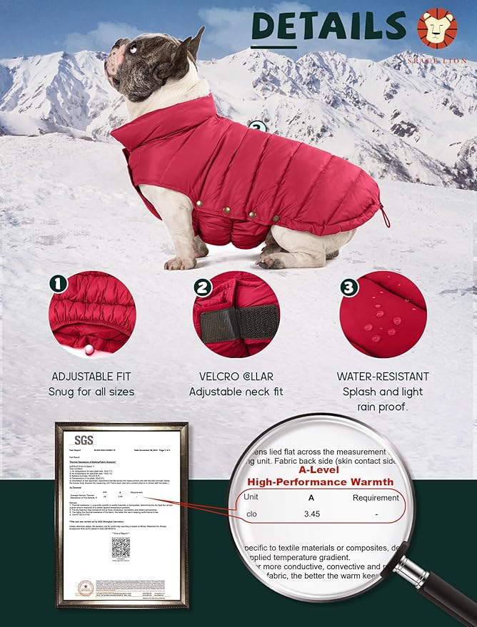 SPACE LION Puffer Jacket, Down Winter Coat, Waterproof, Windproof, Lightweight Jacket, Adjustable Fit for Medium, Large Dogs(Red,XL)
