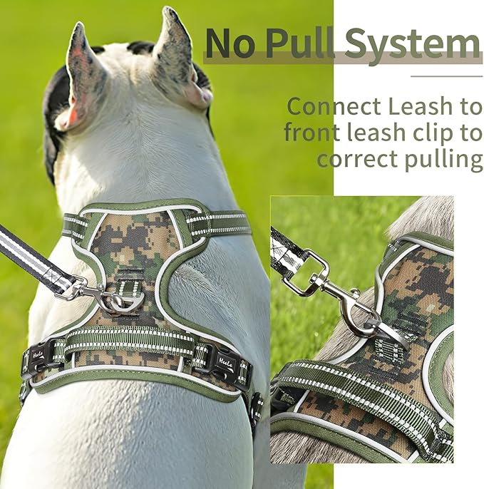 HEELE Dog Harness, No Pull Adjustable Padded Reflective Harness for Small Medium Large Dogs with Handle for Walking Training, Camo Green, L