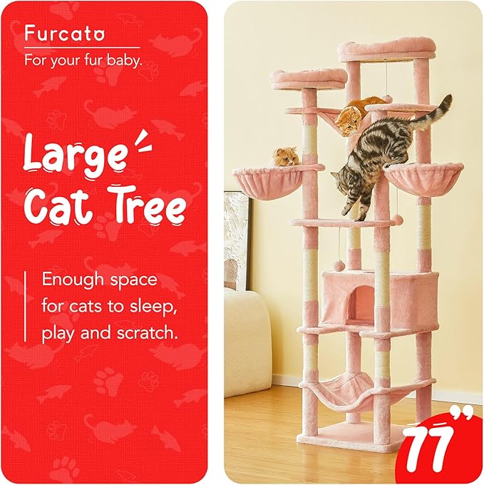 77-Inch Pink Cat Tree for Indoor Cats, Multi-Level Large Cat Tower with 4 Hammocks, 2 Padded Perches, Cat Condo, Sisal Scratching Posts and Hanging Toys for Large Adult Cat