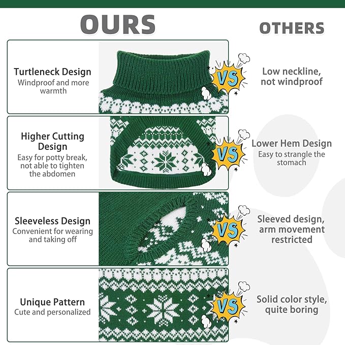 KOOLTAIL Cable Knit Dog Sweater Turtleneck, Cold Weather Pullover Classic Knitwear, Snowflake Pattern Thick Warm Winter Pet Clothes, Dog Christmas Sweater for Small Medium Large Dogs Cats, Green L