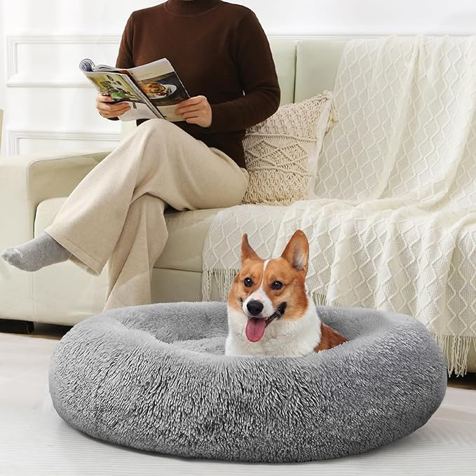 JOLLYVOGUE Dog Bed, Calming Anti-Anxiety Large Dog Bed, Fluffy Donut Cushion for Medium and Large Pets (27"/30"/36")