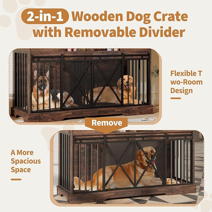 Double Dog Crate Furniture, 63” Large Dog Kennel Furniture with Divider and Sliding Doors, Heavy Duty Dog Kennel Furniture with Drawers and Shelves for Living Room, Retro Brown