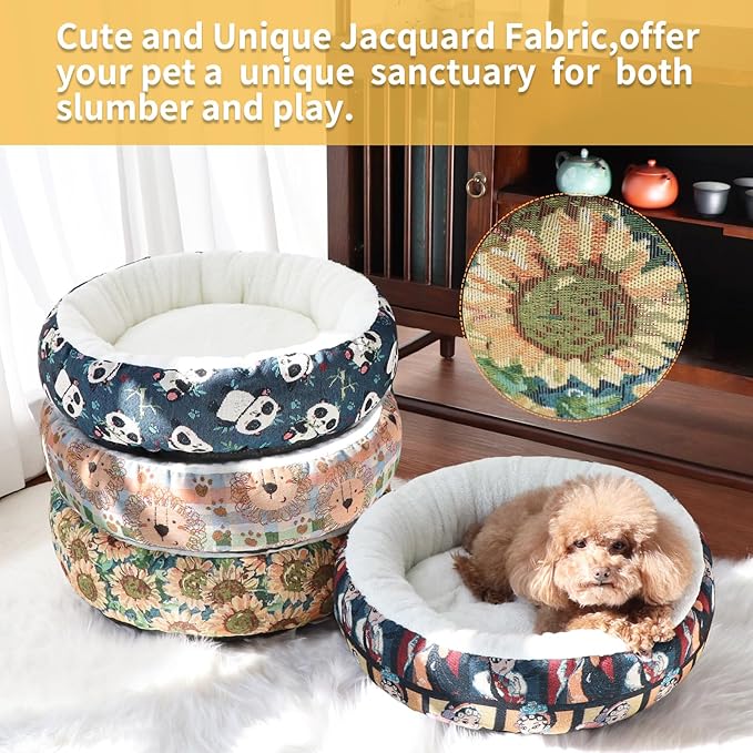Circular Calming Dog & Cat Bed Anti-Anxiety Plush Dog Bed Washable Pet Bed with Anti Slip Backing Donut Cuddler with Cute Jacquard Patterns for Cat and Small Puppy 30" (Small, Sunflower)